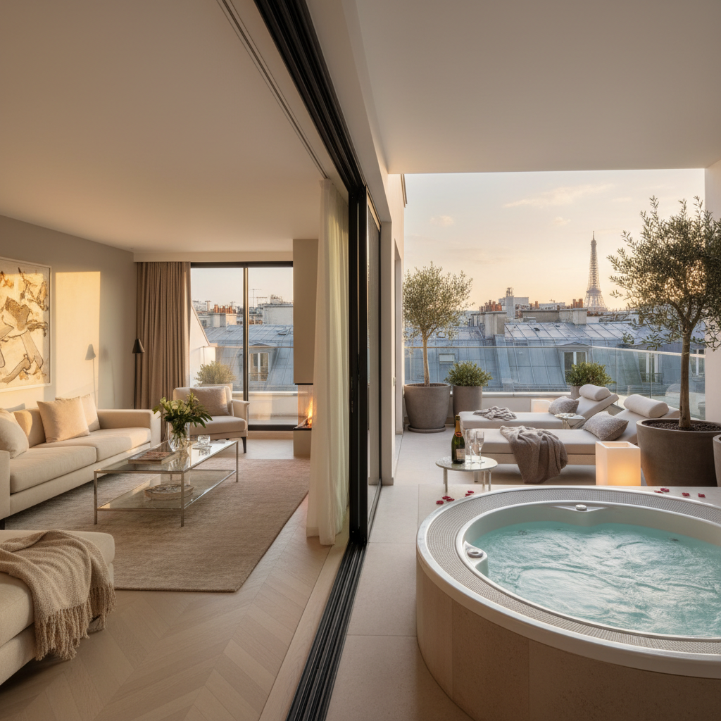 Espace détente avec jacuzzi en terrasse